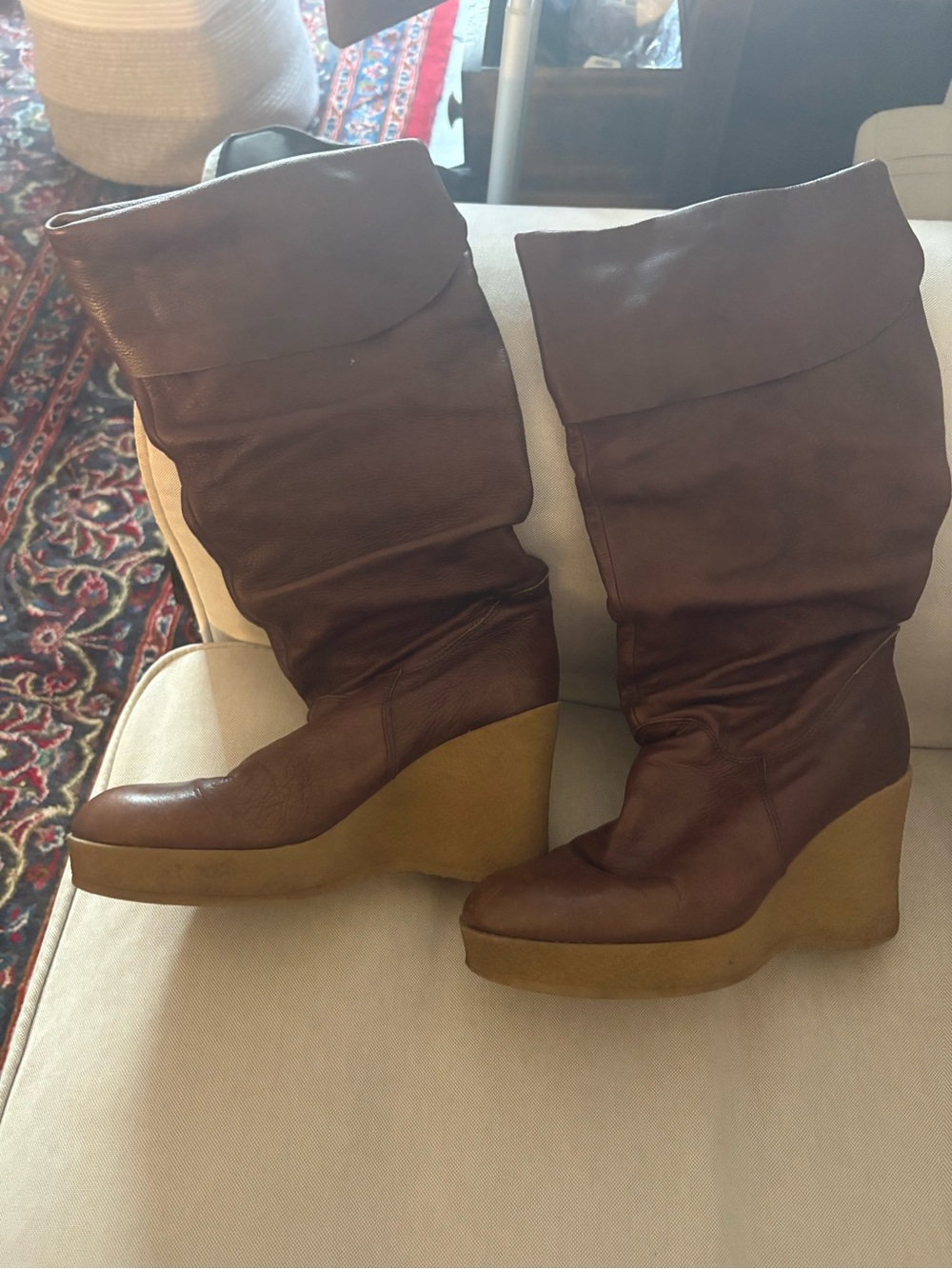 Wedge Knee-High Leather Boots in Brown